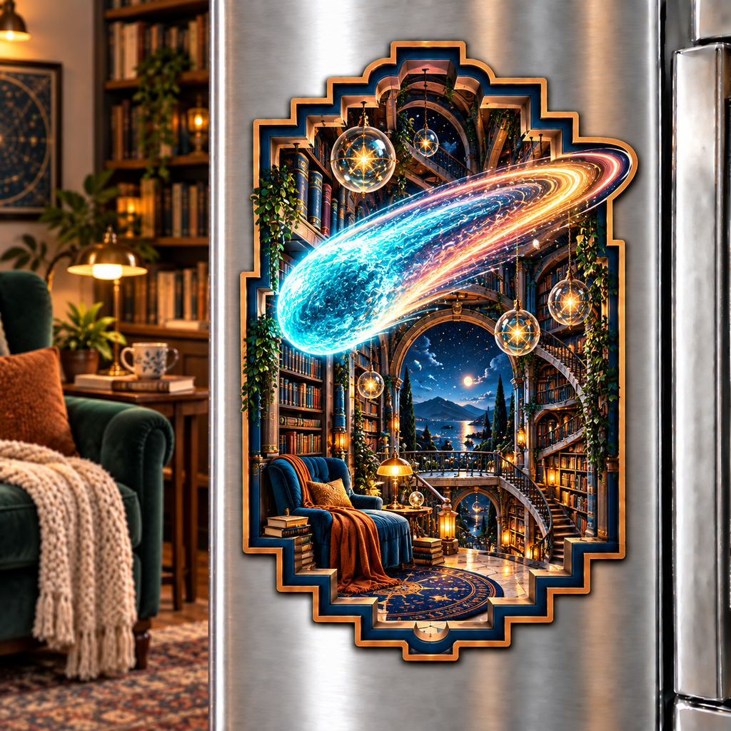 Comet Trail Reading Nook Acrylic Refrigerator Magnet with printed optical 3D artwork in its use setting