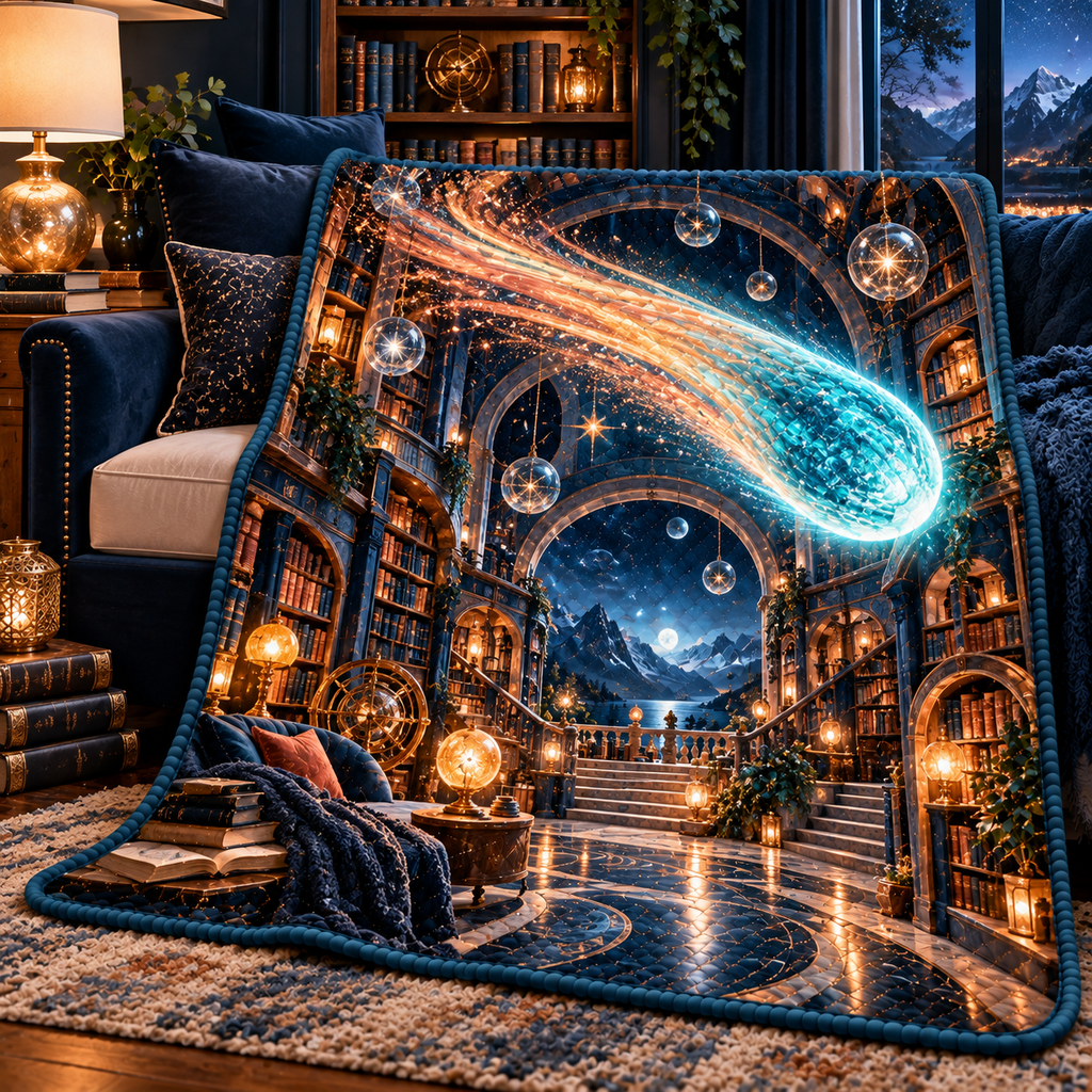 Comet Trail Reading Nook Quilt Blanket with printed optical 3D artwork in its use setting