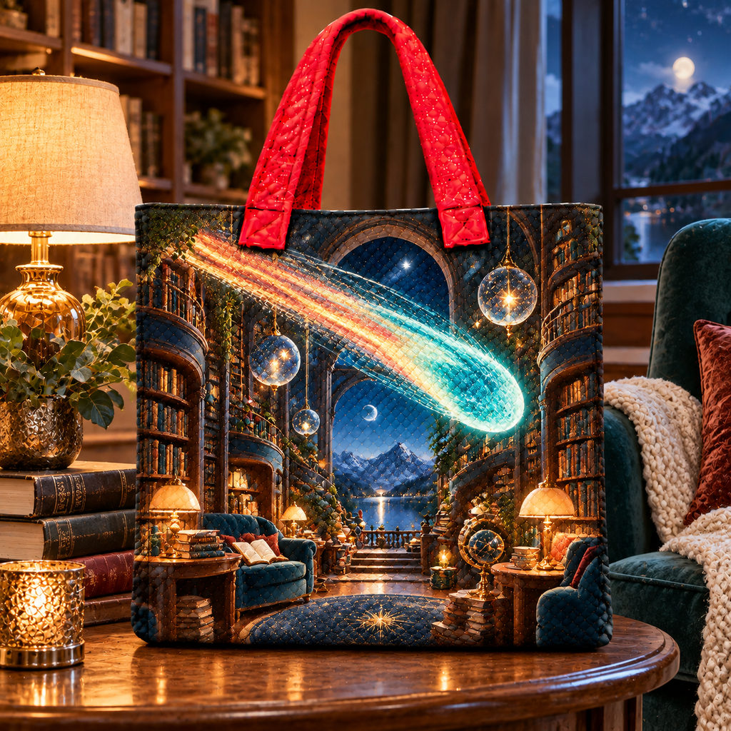 Comet Trail Reading Nook Quilted Tote Bag with printed optical 3D artwork in its use setting