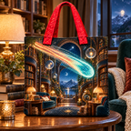 Comet Trail Reading Nook Quilted Tote Bag with printed optical 3D artwork in its use setting