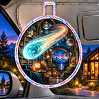 Comet Trail Reading Nook Holographic Car Visor Clip with printed optical 3D artwork in its use setting