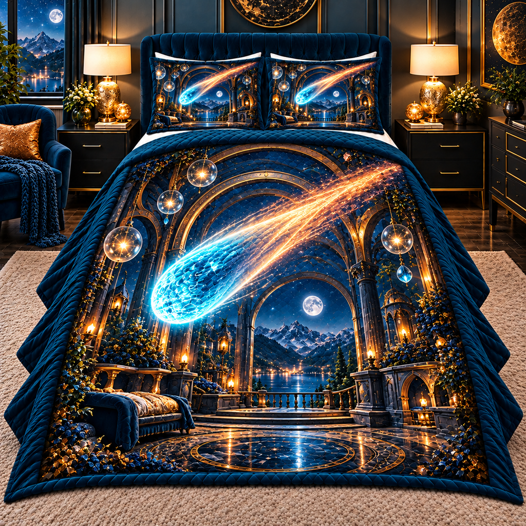 Comet Trail Midnight Bedroom Quilted Bedding Set with printed optical 3D artwork in its use setting