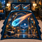 Comet Trail Midnight Bedroom Quilted Bedding Set with printed optical 3D artwork in its use setting