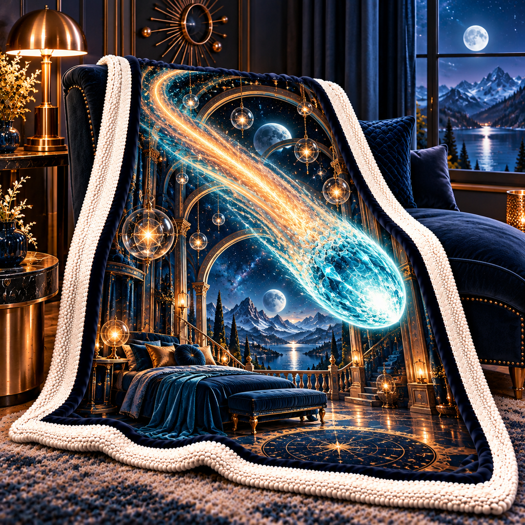 Comet Trail Midnight Bedroom Sherpa & Fleece Blanket with printed optical 3D artwork in its use setting
