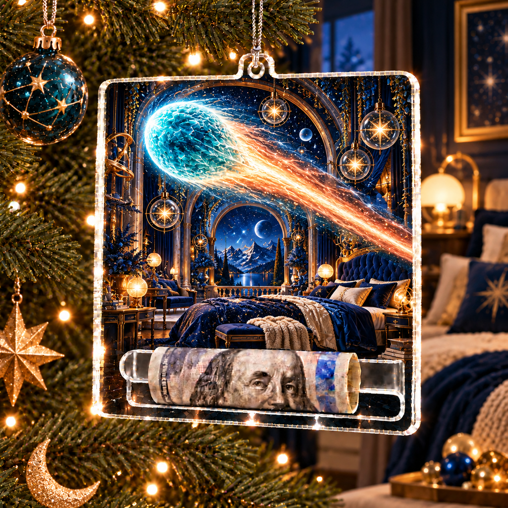 Comet Trail Midnight Bedroom Acrylic Cash Holder Ornament with printed optical 3D artwork in its use setting