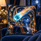 Comet Trail Midnight Bedroom Quilted Cushion Cover with printed optical 3D artwork in its use setting