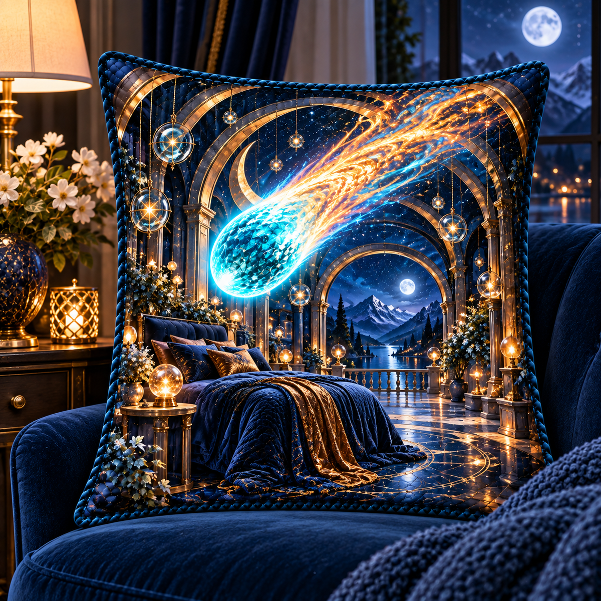 Comet Trail Midnight Bedroom Quilted Cushion Cover with printed optical 3D artwork in its use setting