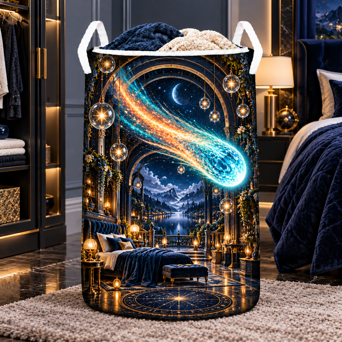 Comet Trail Midnight Bedroom Laundry Hamper with printed optical 3D artwork in its use setting
