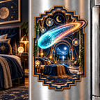 Comet Trail Midnight Bedroom Acrylic Refrigerator Magnet with printed optical 3D artwork in its use setting