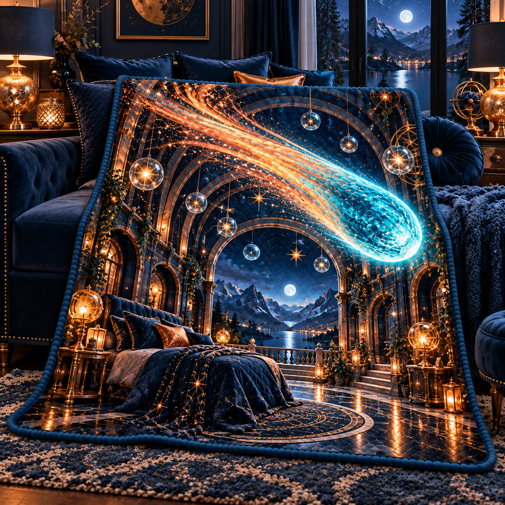 Comet Trail Midnight Bedroom Quilt Blanket with printed optical 3D artwork in its use setting