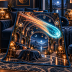 Comet Trail Midnight Bedroom Quilt Blanket with printed optical 3D artwork in its use setting
