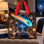 Comet Trail Midnight Bedroom Quilted Tote Bag with printed optical 3D artwork in its use setting
