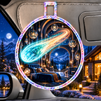 Comet Trail Midnight Bedroom Holographic Car Visor Clip with printed optical 3D artwork in its use setting