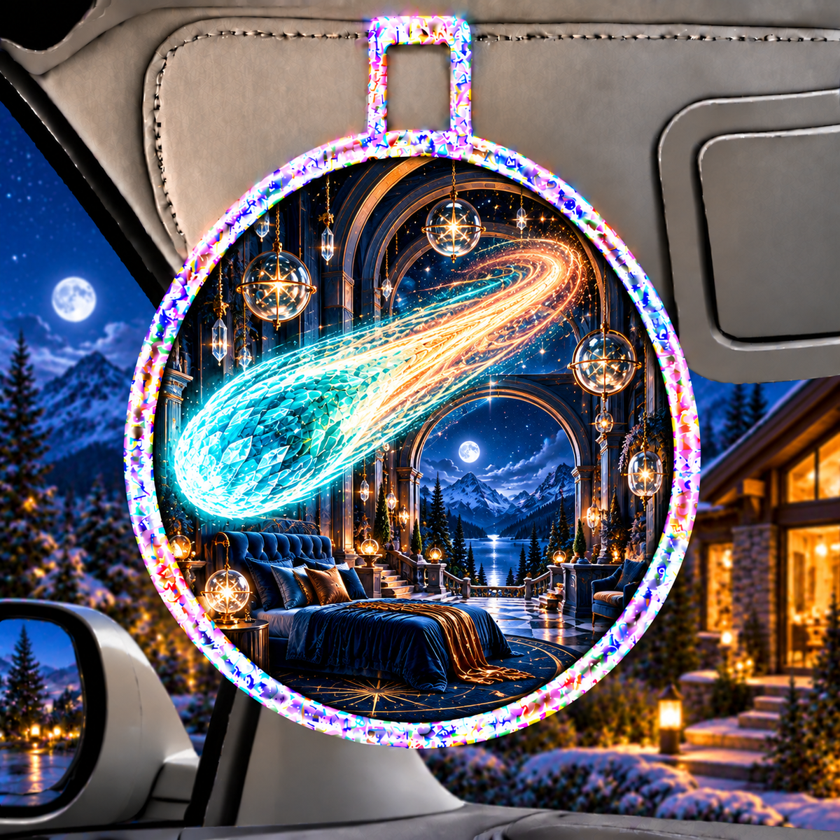 Comet Trail Midnight Bedroom Holographic Car Visor Clip with printed optical 3D artwork in its use setting