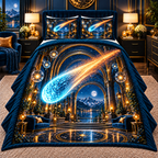 Comet Trail Grand Salon Quilted Bedding Set with printed optical 3D artwork in its use setting