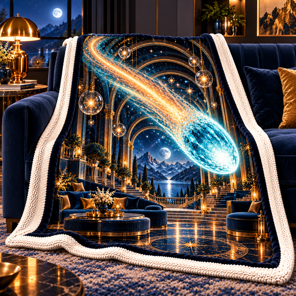 Comet Trail Grand Salon Sherpa & Fleece Blanket with printed optical 3D artwork in its use setting
