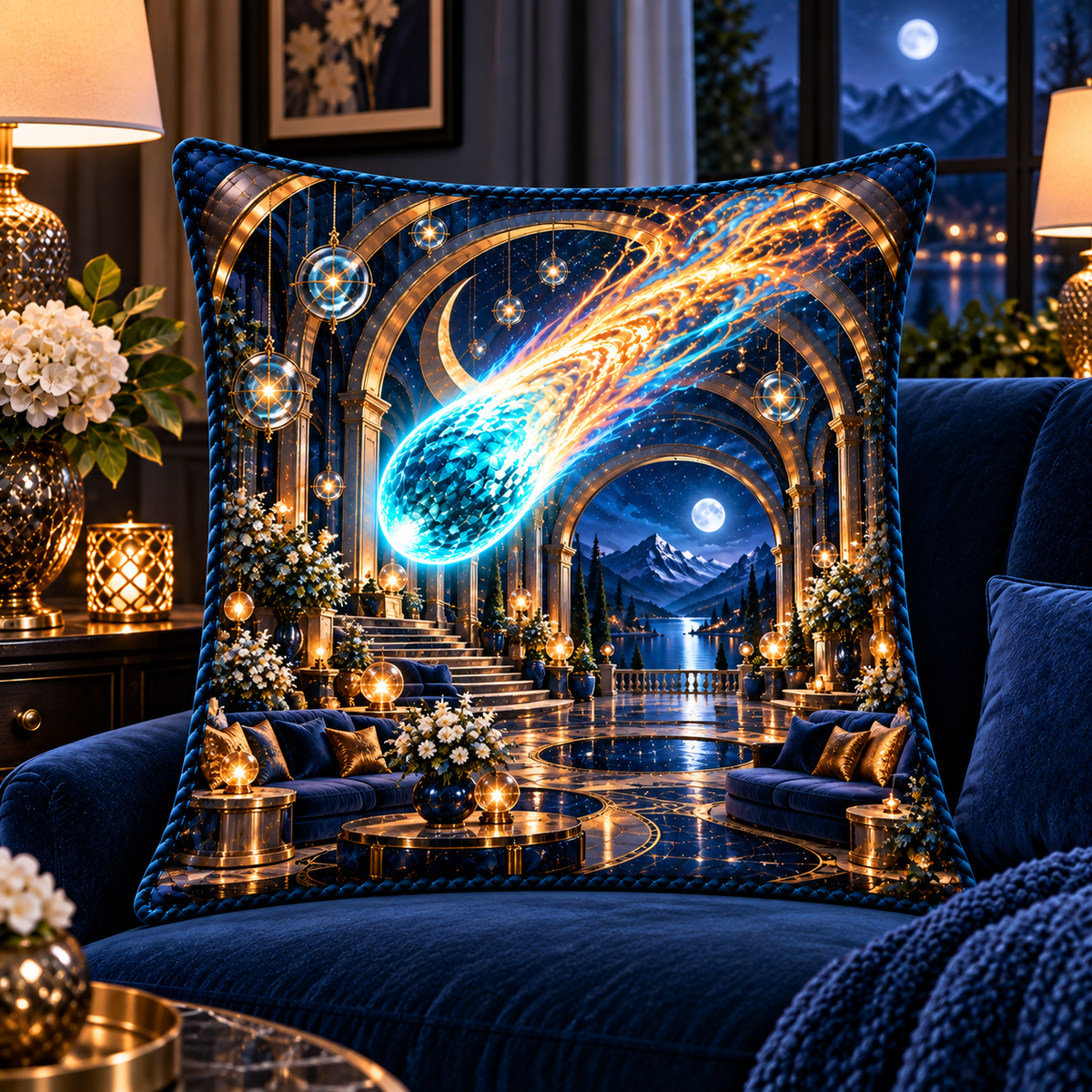 Comet Trail Grand Salon Quilted Cushion Cover with printed optical 3D artwork in its use setting
