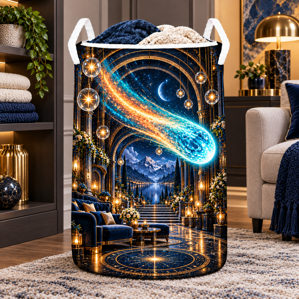 Comet Trail Grand Salon Laundry Hamper with printed optical 3D artwork in its use setting