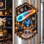 Comet Trail Grand Salon Acrylic Refrigerator Magnet with printed optical 3D artwork in its use setting