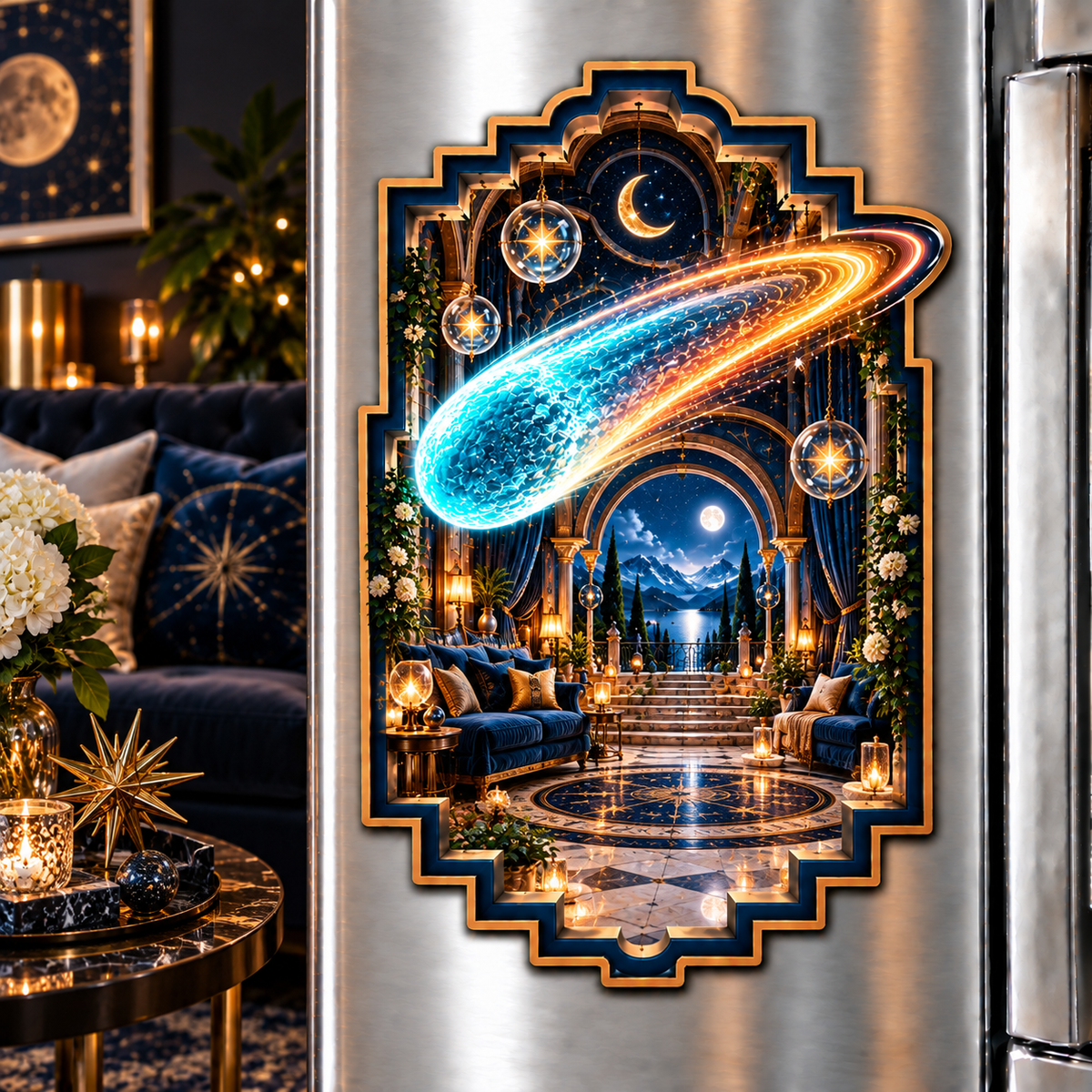 Comet Trail Grand Salon Acrylic Refrigerator Magnet with printed optical 3D artwork in its use setting