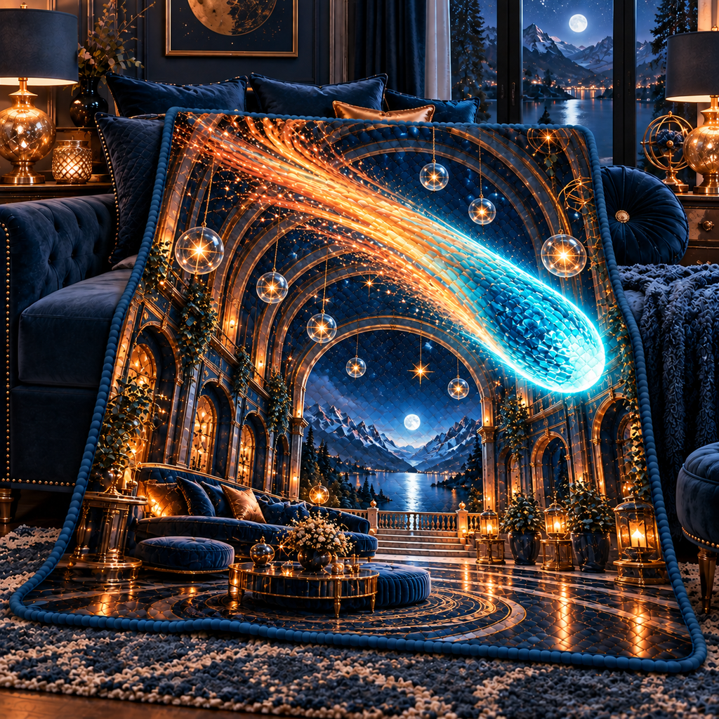 Comet Trail Grand Salon Quilt Blanket with printed optical 3D artwork in its use setting