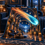 Comet Trail Grand Salon Quilt Blanket with printed optical 3D artwork in its use setting