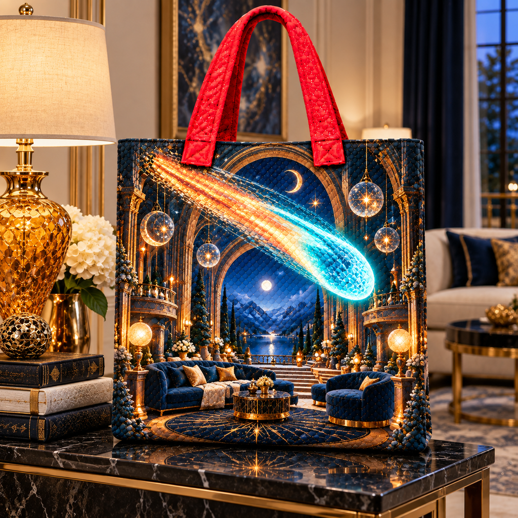 Comet Trail Grand Salon Quilted Tote Bag with printed optical 3D artwork in its use setting