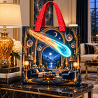 Comet Trail Grand Salon Quilted Tote Bag with printed optical 3D artwork in its use setting