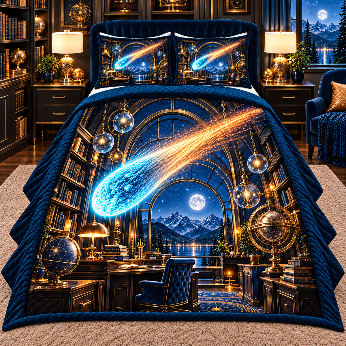 Comet Trail Observatory Office Quilted Bedding Set with printed optical 3D artwork in its use setting