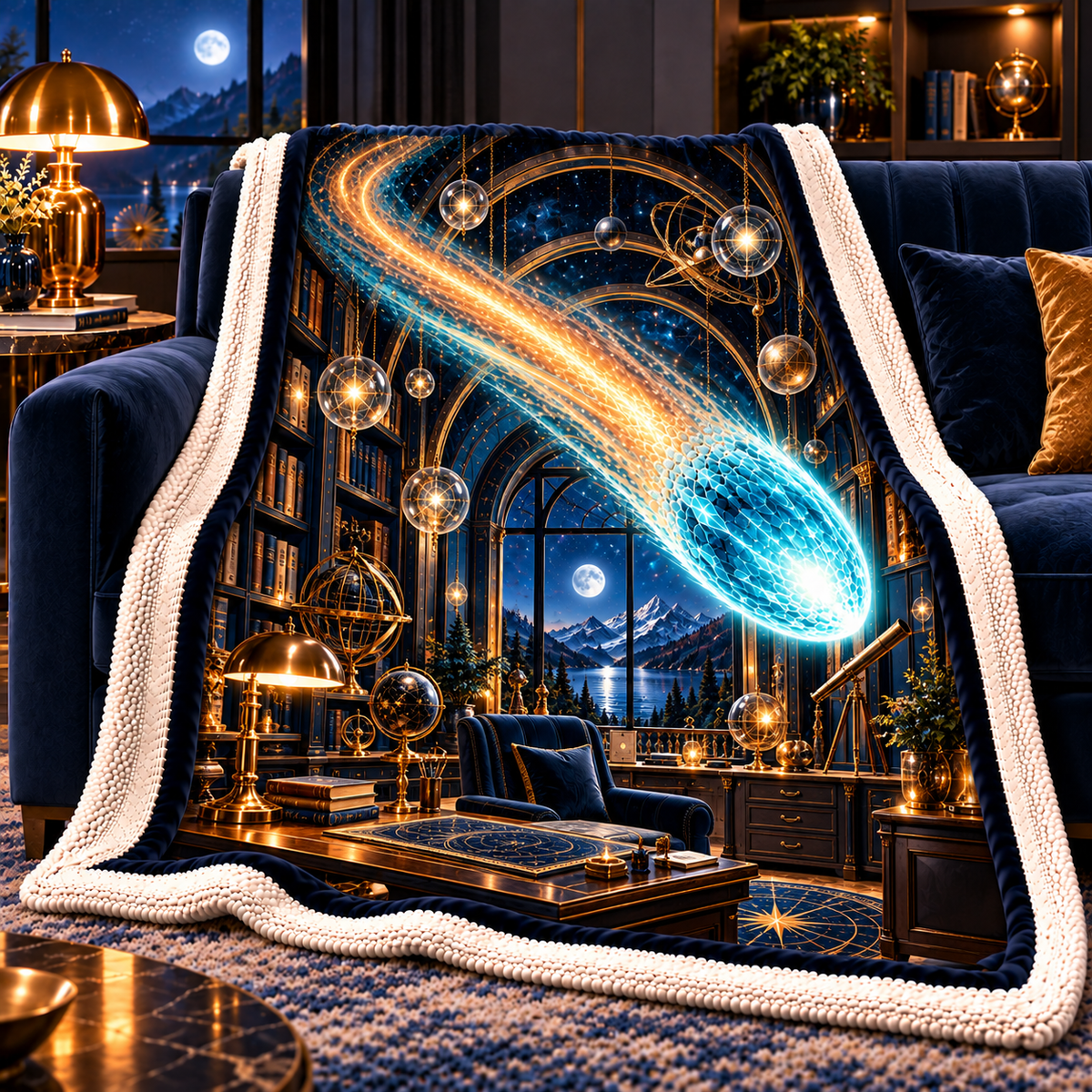Comet Trail Observatory Office Sherpa & Fleece Blanket with printed optical 3D artwork in its use setting