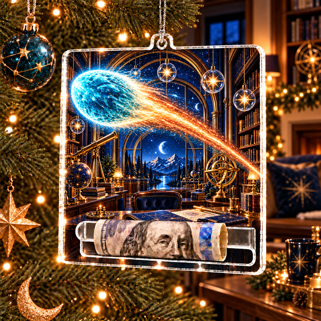Comet Trail Observatory Office Acrylic Cash Holder Ornament with printed optical 3D artwork in its use setting