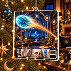 Comet Trail Observatory Office Acrylic Cash Holder Ornament with printed optical 3D artwork in its use setting