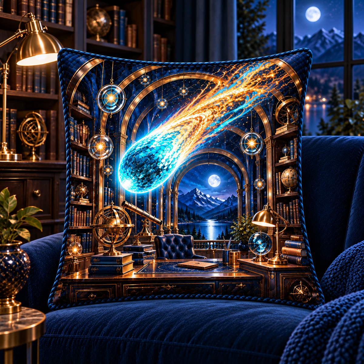 Comet Trail Observatory Office Quilted Cushion Cover with printed optical 3D artwork in its use setting
