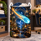 Comet Trail Observatory Office Laundry Hamper with printed optical 3D artwork in its use setting