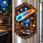 Comet Trail Observatory Office Acrylic Refrigerator Magnet with printed optical 3D artwork in its use setting