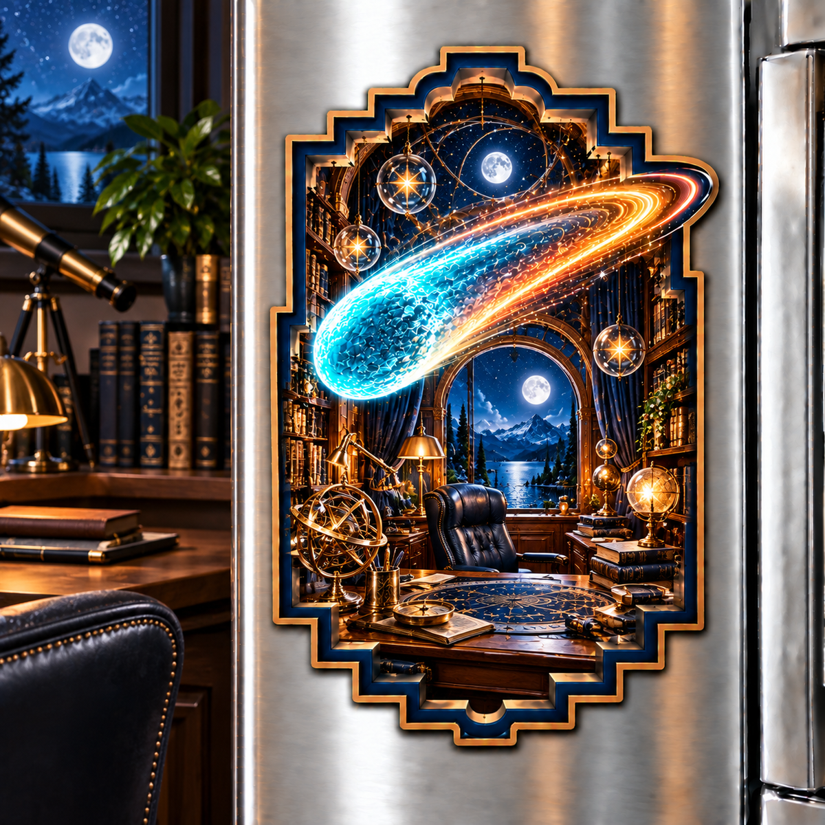 Comet Trail Observatory Office Acrylic Refrigerator Magnet with printed optical 3D artwork in its use setting