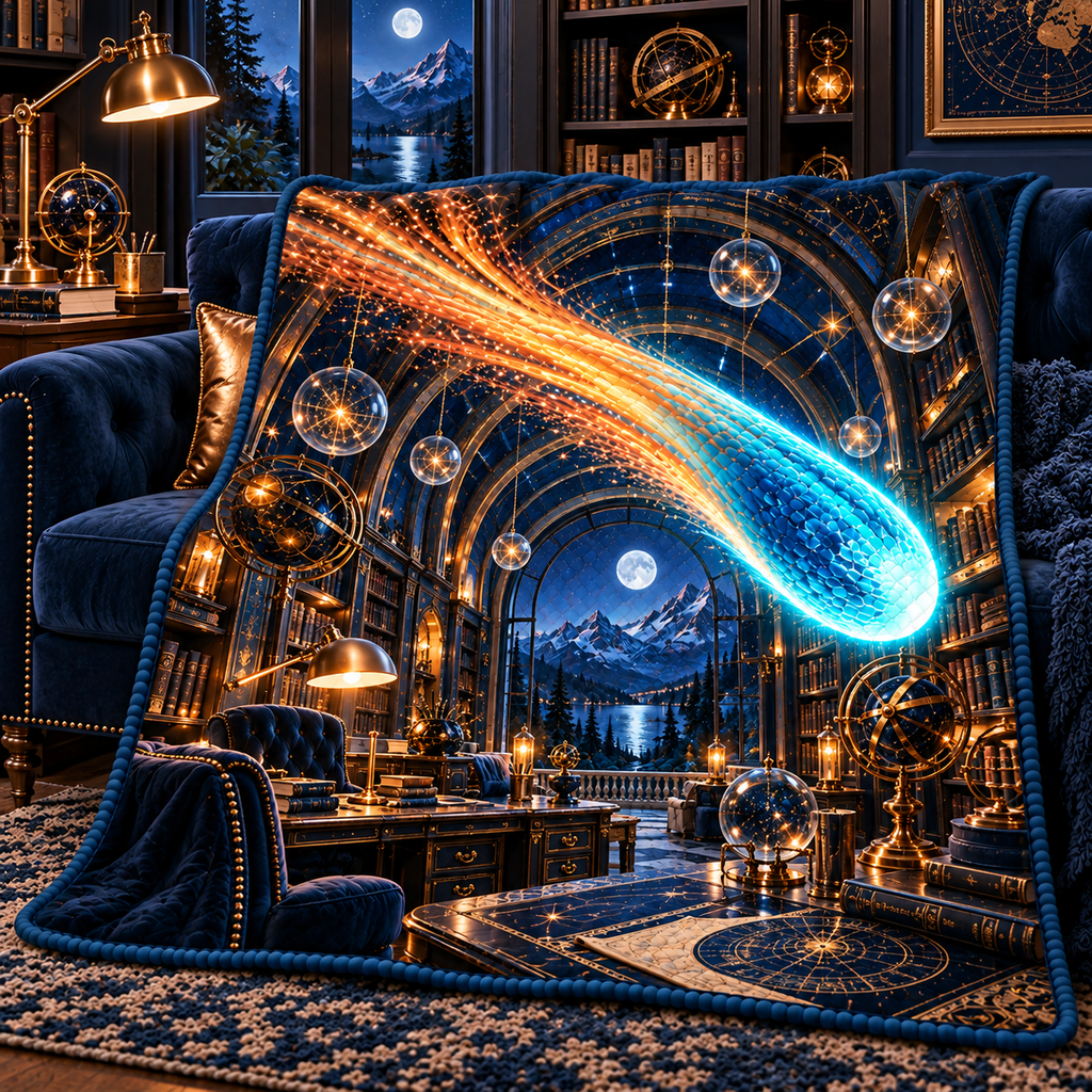 Comet Trail Observatory Office Quilt Blanket with printed optical 3D artwork in its use setting
