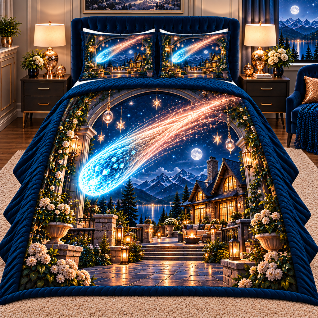 Comet Trail New Home Quilted Bedding Set with printed optical 3D artwork in its use setting