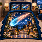 Comet Trail New Home Quilted Bedding Set with printed optical 3D artwork in its use setting
