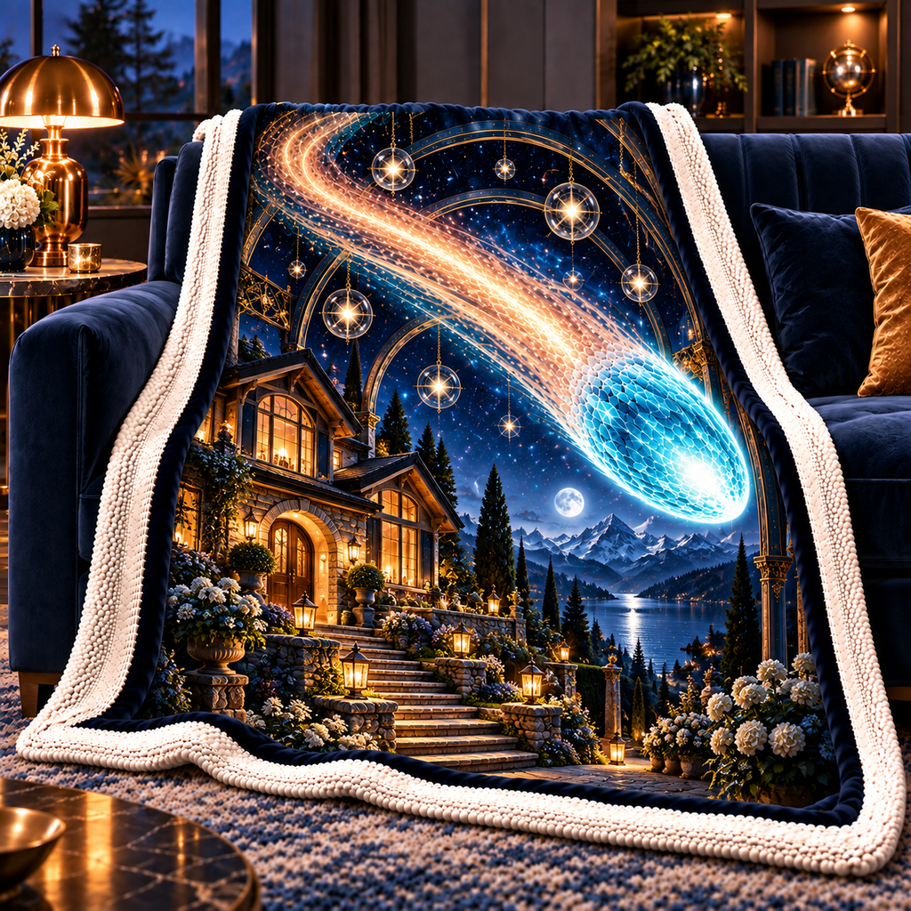 Comet Trail New Home Sherpa & Fleece Blanket with printed optical 3D artwork in its use setting