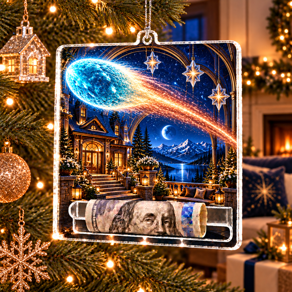 Comet Trail New Home Acrylic Cash Holder Ornament with printed optical 3D artwork in its use setting