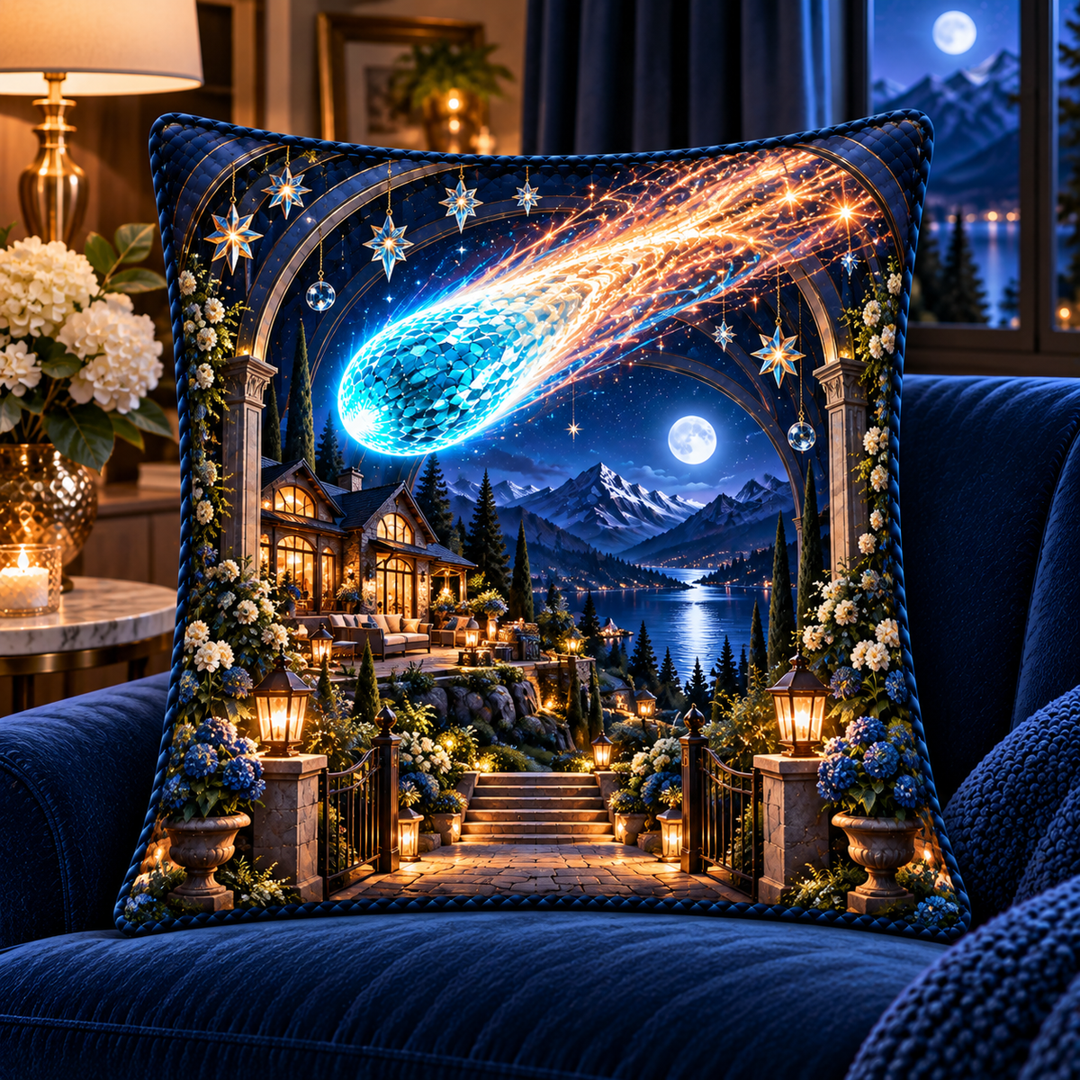 Comet Trail New Home Quilted Cushion Cover with printed optical 3D artwork in its use setting