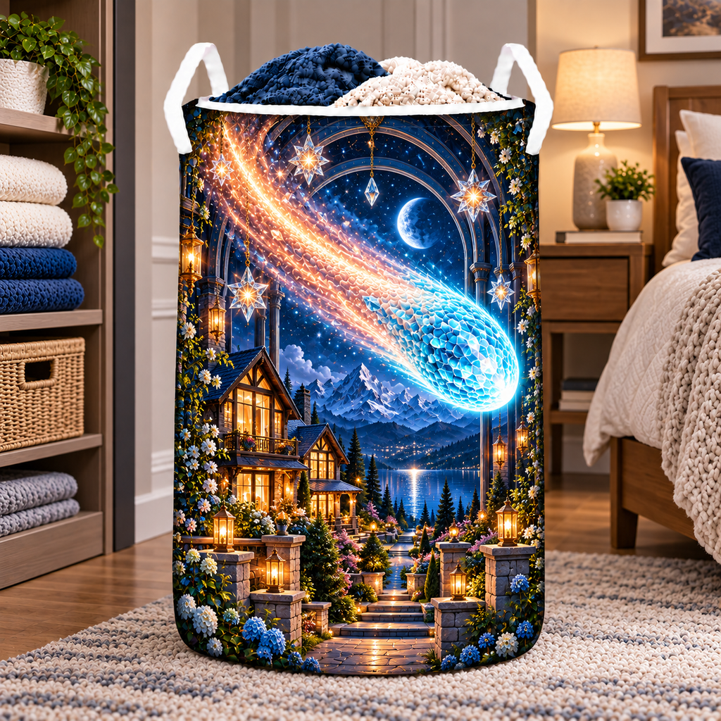 Comet Trail New Home Laundry Hamper with printed optical 3D artwork in its use setting