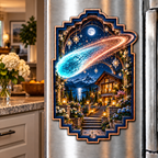 Comet Trail New Home Acrylic Refrigerator Magnet with printed optical 3D artwork in its use setting