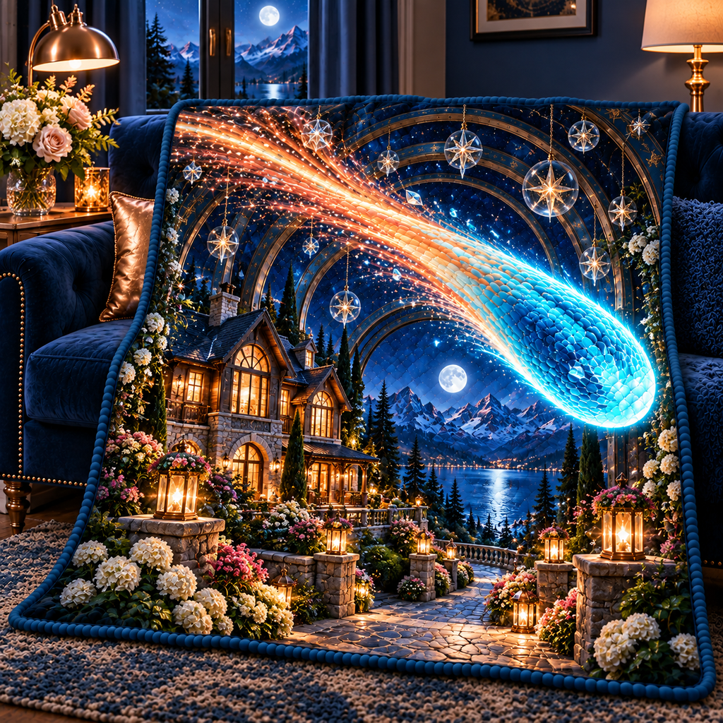 Comet Trail New Home Quilt Blanket with printed optical 3D artwork in its use setting