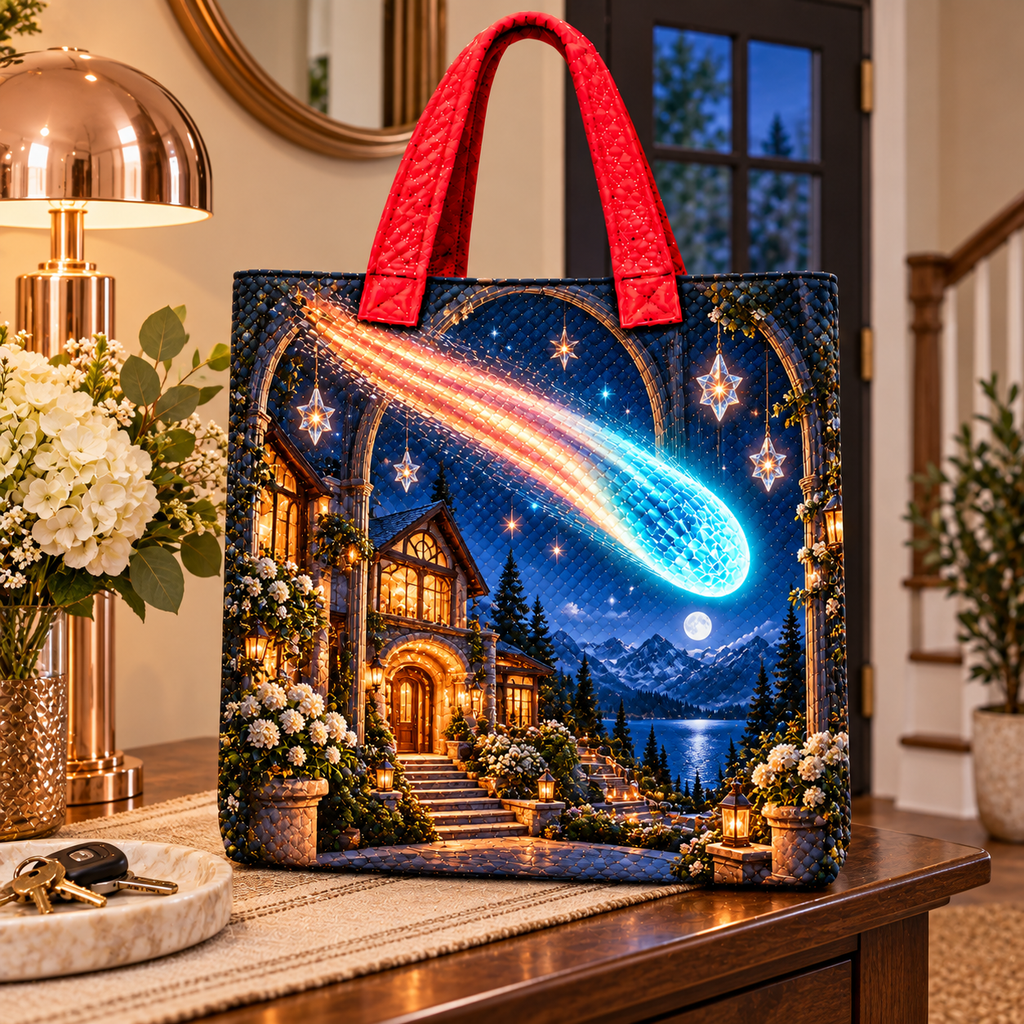 Comet Trail New Home Quilted Tote Bag with printed optical 3D artwork in its use setting