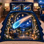Comet Trail Quiet Haven Quilted Bedding Set with printed optical 3D artwork in its use setting
