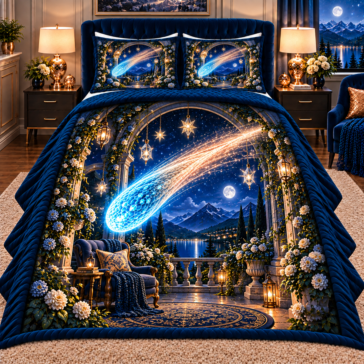 Comet Trail Quiet Haven Quilted Bedding Set with printed optical 3D artwork in its use setting