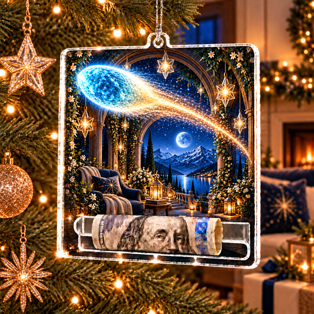 Comet Trail Quiet Haven Acrylic Cash Holder Ornament with printed optical 3D artwork in its use setting