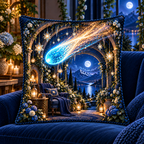 Comet Trail Quiet Haven Quilted Cushion Cover with printed optical 3D artwork in its use setting